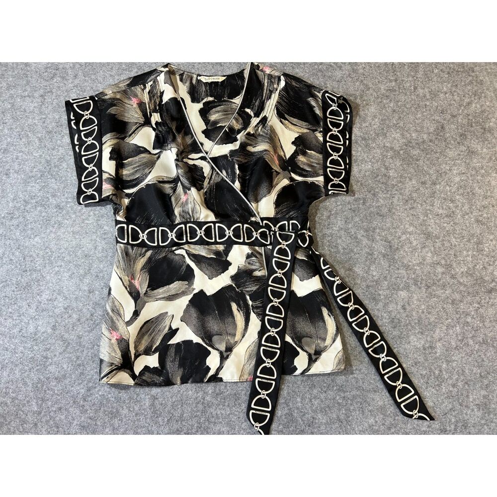White House Black Market 100% Silk Floral & Chain Logo Wrap Tie Blouse Top Sz M